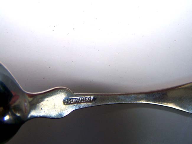 A Grouping of 5 antique coin silver teaspoons and 2 tablespoons made by Cape Cod silversmith John Munroe of Barnstable circa 1840. — image 3